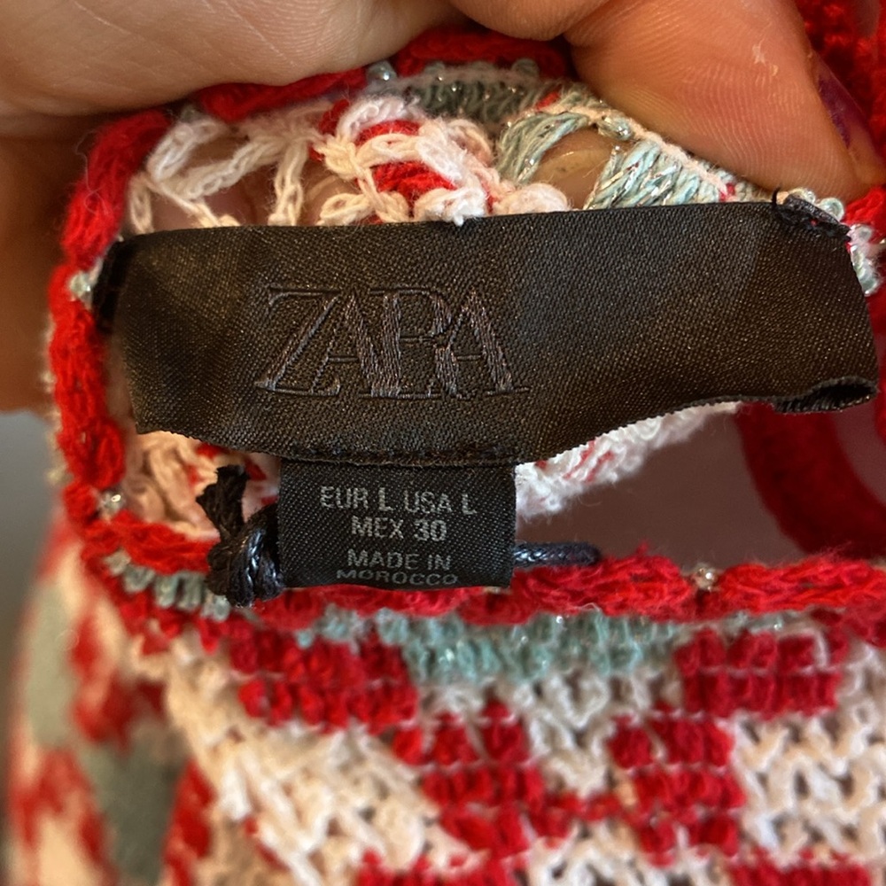 New Zara Red and White Crochet Halter Dress GEOMETRIC PRINT KNIT HALTER Size L - Picture 2 of 8
